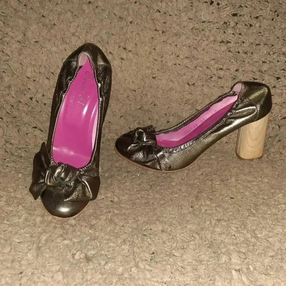 Ferca '81 Shoes - FERCA 81-Bronze Metallic Leather Ballet Pumps-Wood Spool Heels-Sz 38-Excellent